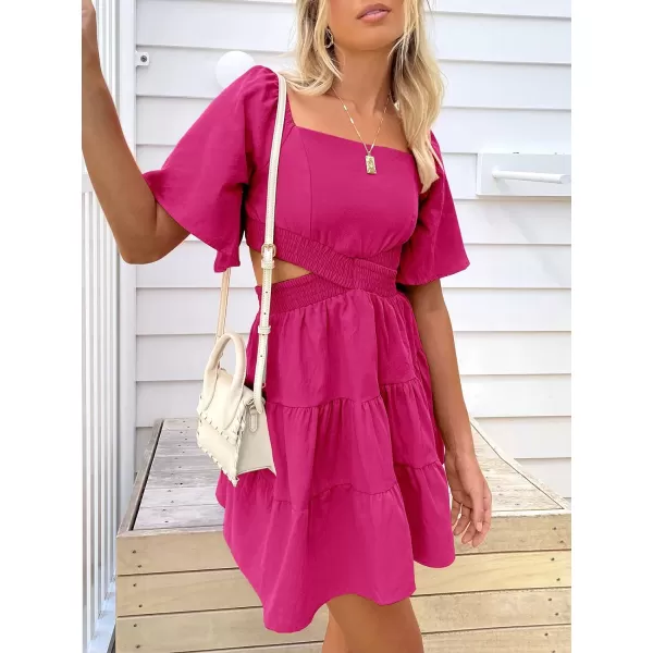 imageANRABESS Women Summer Square Neck Short Sleeve Cutout Crossover Waist Casual Party Tiered ALine Mini DressRose