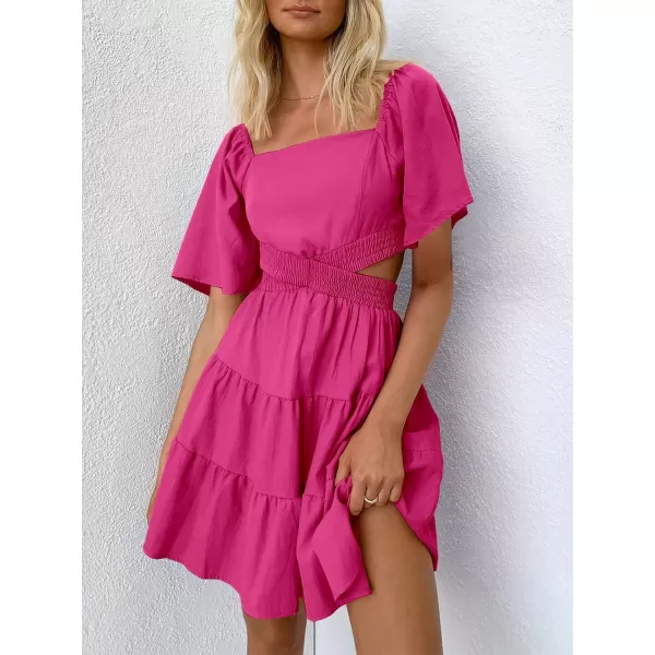imageANRABESS Women Summer Square Neck Short Sleeve Cutout Crossover Waist Casual Party Tiered ALine Mini DressRose