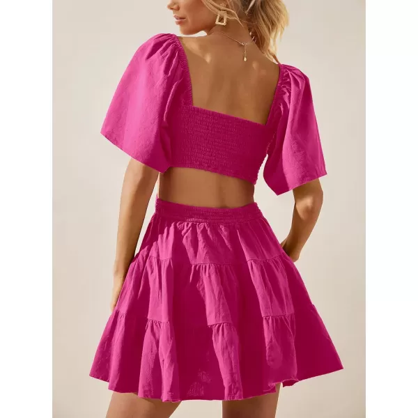 imageANRABESS Women Summer Square Neck Short Sleeve Cutout Crossover Waist Casual Party Tiered ALine Mini DressRose
