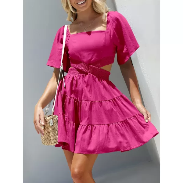 imageANRABESS Women Summer Square Neck Short Sleeve Cutout Crossover Waist Casual Party Tiered ALine Mini DressRose