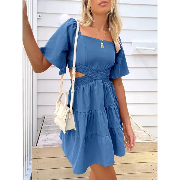 imageANRABESS Women Summer Square Neck Short Sleeve Cutout Crossover Waist Casual Party Tiered ALine Mini DressRoyal Blue