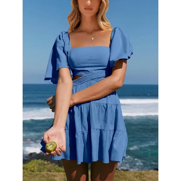 imageANRABESS Women Summer Square Neck Short Sleeve Cutout Crossover Waist Casual Party Tiered ALine Mini DressRoyal Blue