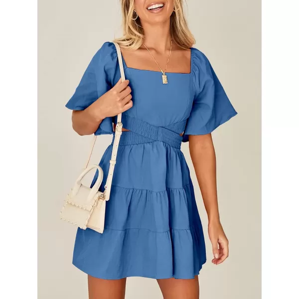 imageANRABESS Women Summer Square Neck Short Sleeve Cutout Crossover Waist Casual Party Tiered ALine Mini DressRoyal Blue