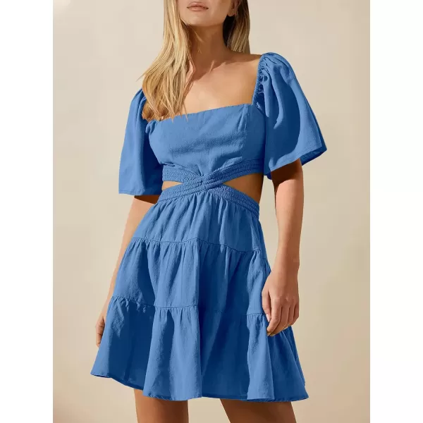 imageANRABESS Women Summer Square Neck Short Sleeve Cutout Crossover Waist Casual Party Tiered ALine Mini DressRoyal Blue