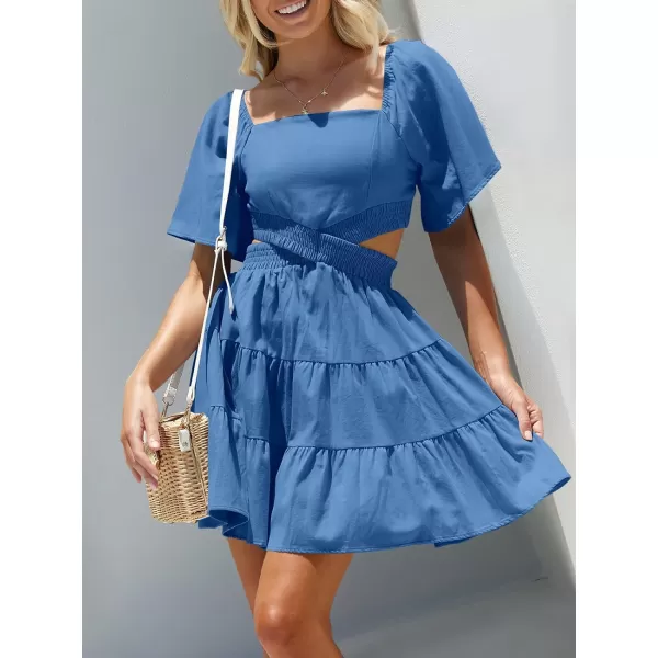 imageANRABESS Women Summer Square Neck Short Sleeve Cutout Crossover Waist Casual Party Tiered ALine Mini DressRoyal Blue