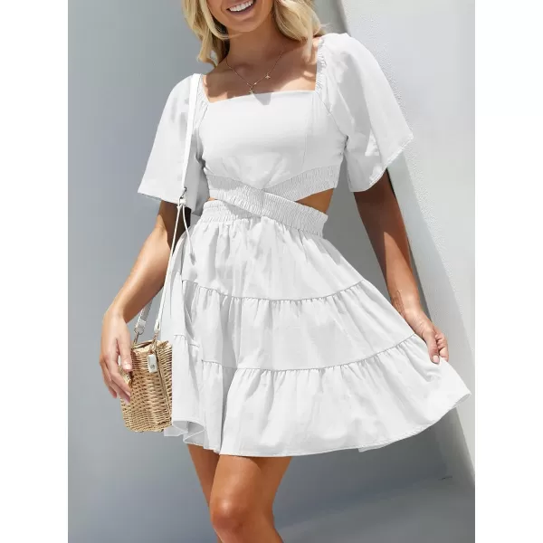 imageANRABESS Women Summer Square Neck Short Sleeve Cutout Crossover Waist Casual Party Tiered ALine Mini DressWhite