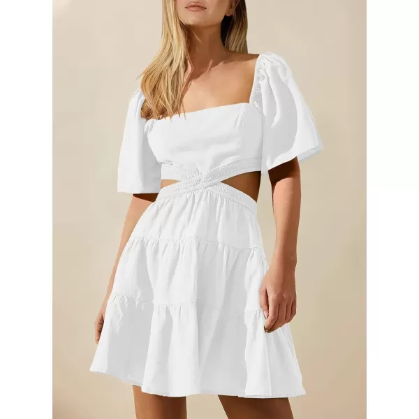 imageANRABESS Women Summer Square Neck Short Sleeve Cutout Crossover Waist Casual Party Tiered ALine Mini DressWhite