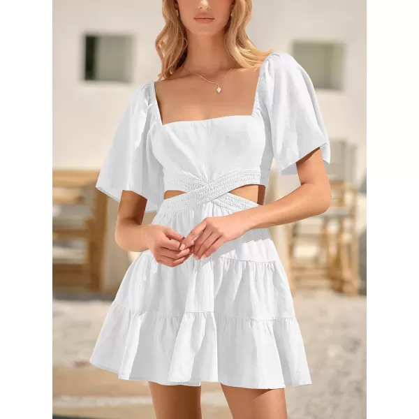 imageANRABESS Women Summer Square Neck Short Sleeve Cutout Crossover Waist Casual Party Tiered ALine Mini DressWhite