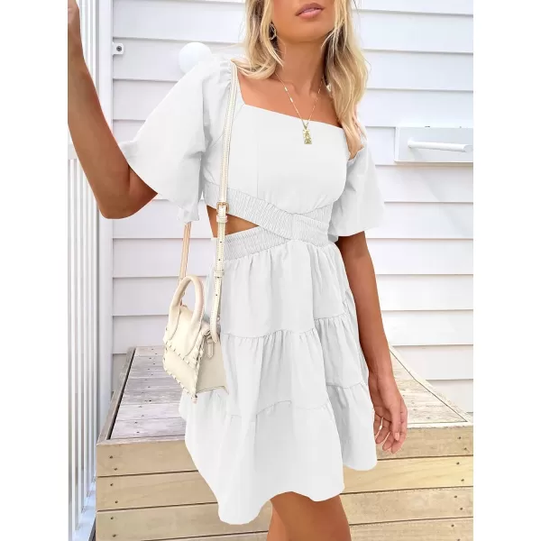 imageANRABESS Women Summer Square Neck Short Sleeve Cutout Crossover Waist Casual Party Tiered ALine Mini DressWhite