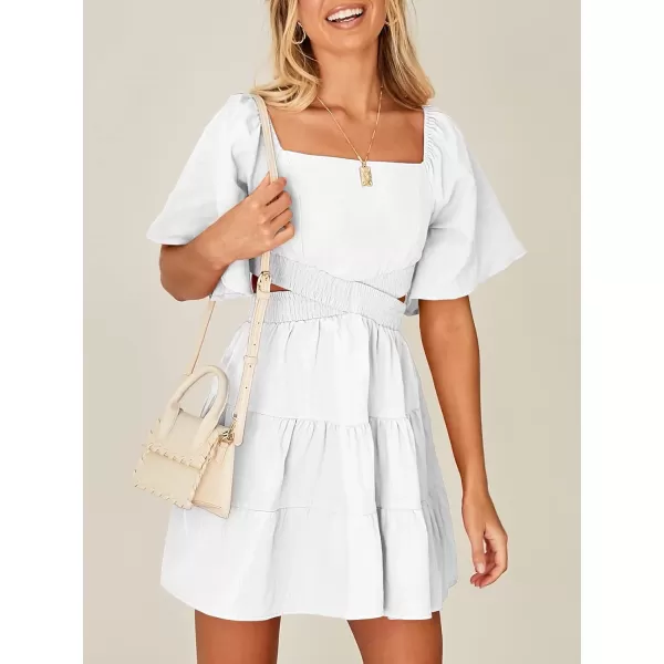 imageANRABESS Women Summer Square Neck Short Sleeve Cutout Crossover Waist Casual Party Tiered ALine Mini DressWhite