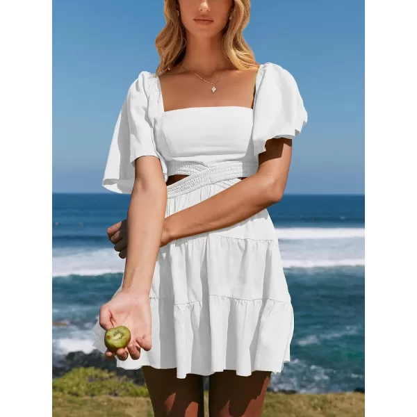 imageANRABESS Women Summer Square Neck Short Sleeve Cutout Crossover Waist Casual Party Tiered ALine Mini DressWhite