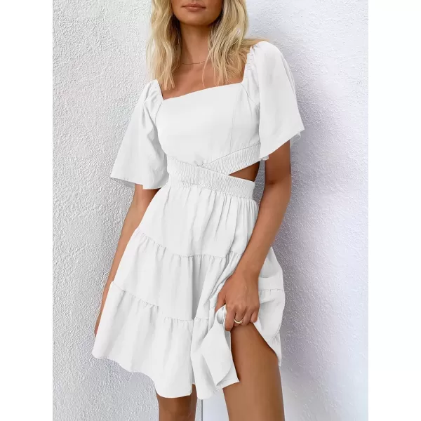 imageANRABESS Women Summer Square Neck Short Sleeve Cutout Crossover Waist Casual Party Tiered ALine Mini DressWhite