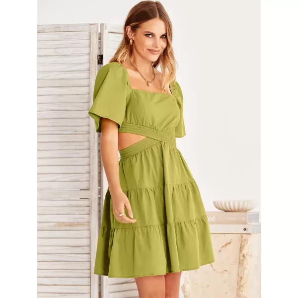imageANRABESS Women Summer Square Neck Short Sleeve Cutout Crossover Waist Casual Party Tiered ALine Mini DressYellow Green