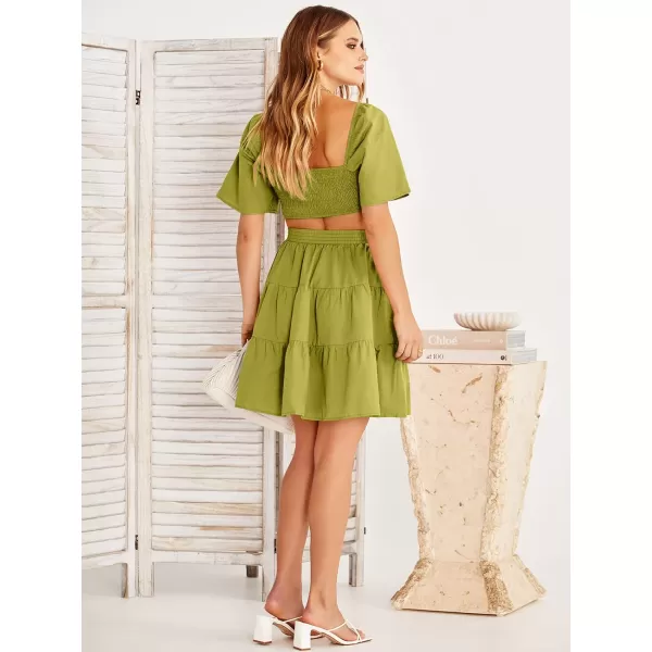imageANRABESS Women Summer Square Neck Short Sleeve Cutout Crossover Waist Casual Party Tiered ALine Mini DressYellow Green