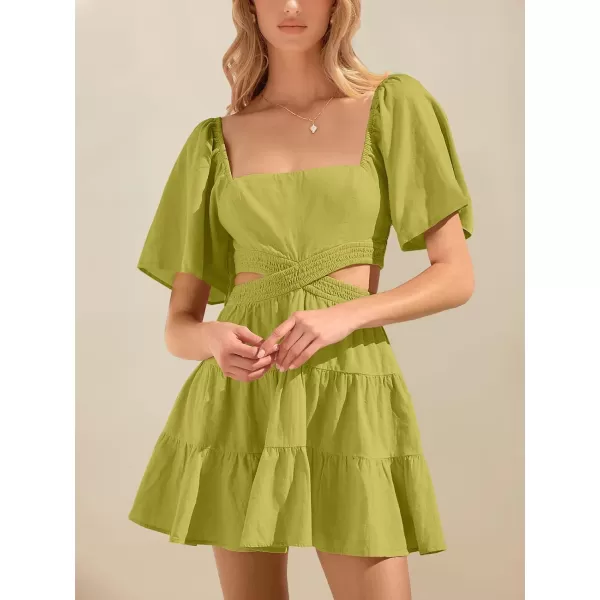 imageANRABESS Women Summer Square Neck Short Sleeve Cutout Crossover Waist Casual Party Tiered ALine Mini DressYellow Green
