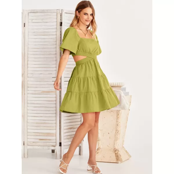 imageANRABESS Women Summer Square Neck Short Sleeve Cutout Crossover Waist Casual Party Tiered ALine Mini DressYellow Green
