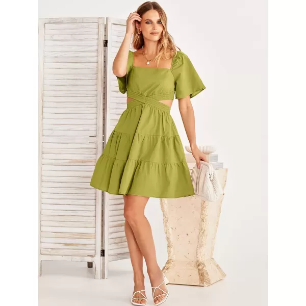 imageANRABESS Women Summer Square Neck Short Sleeve Cutout Crossover Waist Casual Party Tiered ALine Mini DressYellow Green
