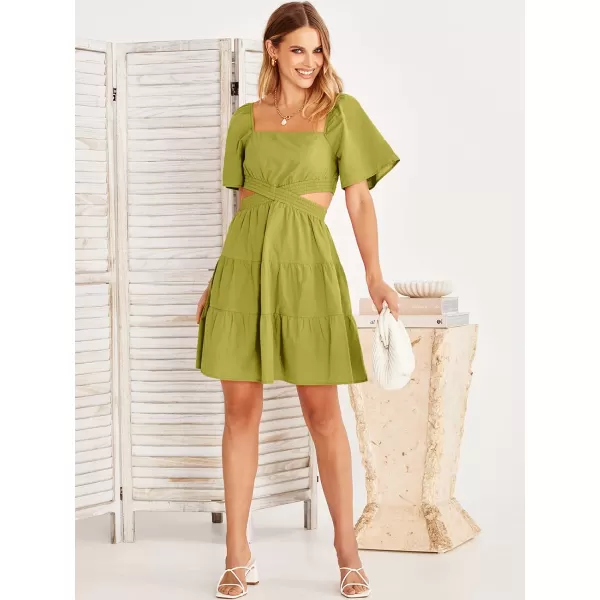 imageANRABESS Women Summer Square Neck Short Sleeve Cutout Crossover Waist Casual Party Tiered ALine Mini DressYellow Green