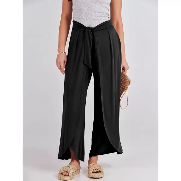 imageANRABESS Women Summer Wide Leg Pants Tie Front Loose Flowy High Waisted Casual Slit Boho Lounge Palazzo Pants TrousersBlack