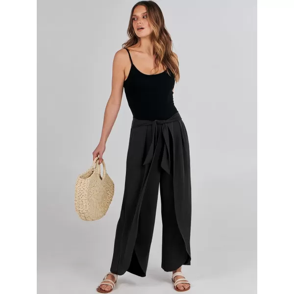 imageANRABESS Women Summer Wide Leg Pants Tie Front Loose Flowy High Waisted Casual Slit Boho Lounge Palazzo Pants TrousersBlack