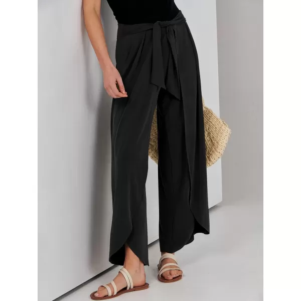 imageANRABESS Women Summer Wide Leg Pants Tie Front Loose Flowy High Waisted Casual Slit Boho Lounge Palazzo Pants TrousersBlack