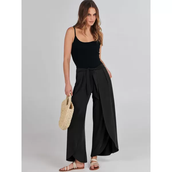 imageANRABESS Women Summer Wide Leg Pants Tie Front Loose Flowy High Waisted Casual Slit Boho Lounge Palazzo Pants TrousersBlack