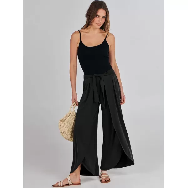imageANRABESS Women Summer Wide Leg Pants Tie Front Loose Flowy High Waisted Casual Slit Boho Lounge Palazzo Pants TrousersBlack