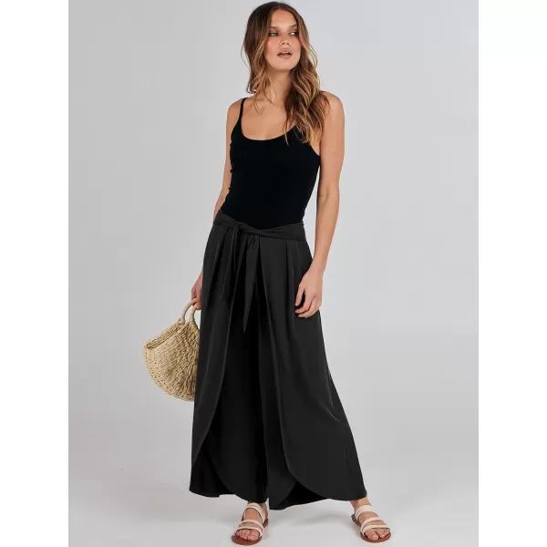 imageANRABESS Women Summer Wide Leg Pants Tie Front Loose Flowy High Waisted Casual Slit Boho Lounge Palazzo Pants TrousersBlack