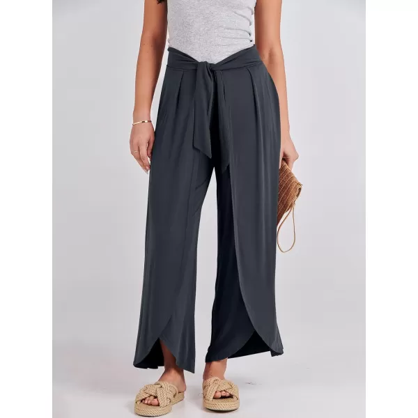 imageANRABESS Women Summer Wide Leg Pants Tie Front Loose Flowy High Waisted Casual Slit Boho Lounge Palazzo Pants TrousersDark Grey