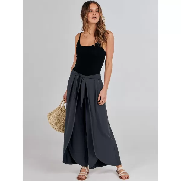 imageANRABESS Women Summer Wide Leg Pants Tie Front Loose Flowy High Waisted Casual Slit Boho Lounge Palazzo Pants TrousersDark Grey