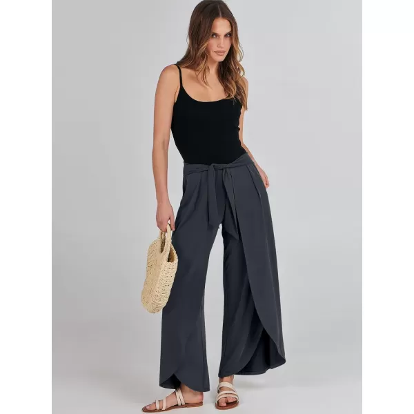 imageANRABESS Women Summer Wide Leg Pants Tie Front Loose Flowy High Waisted Casual Slit Boho Lounge Palazzo Pants TrousersDark Grey