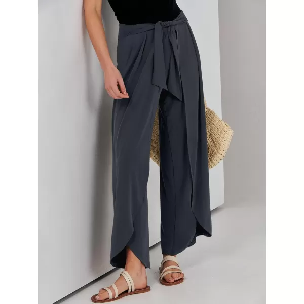 imageANRABESS Women Summer Wide Leg Pants Tie Front Loose Flowy High Waisted Casual Slit Boho Lounge Palazzo Pants TrousersDark Grey