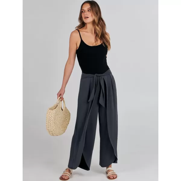 imageANRABESS Women Summer Wide Leg Pants Tie Front Loose Flowy High Waisted Casual Slit Boho Lounge Palazzo Pants TrousersDark Grey