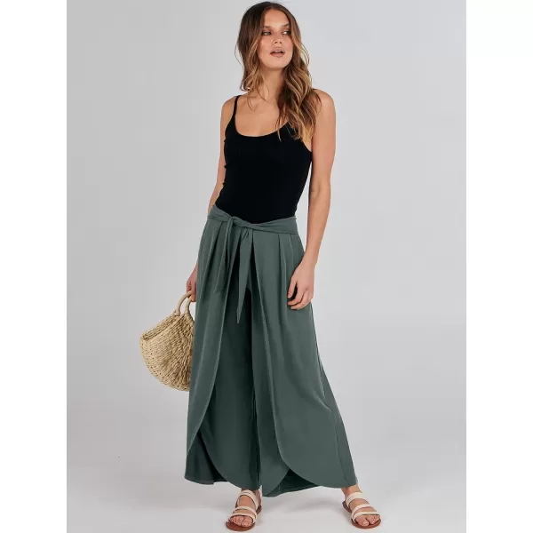 imageANRABESS Women Summer Wide Leg Pants Tie Front Loose Flowy High Waisted Casual Slit Boho Lounge Palazzo Pants TrousersDeep Green