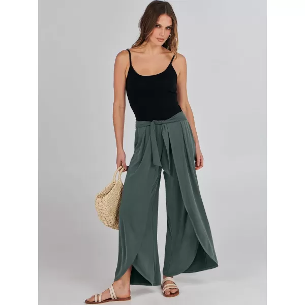imageANRABESS Women Summer Wide Leg Pants Tie Front Loose Flowy High Waisted Casual Slit Boho Lounge Palazzo Pants TrousersDeep Green