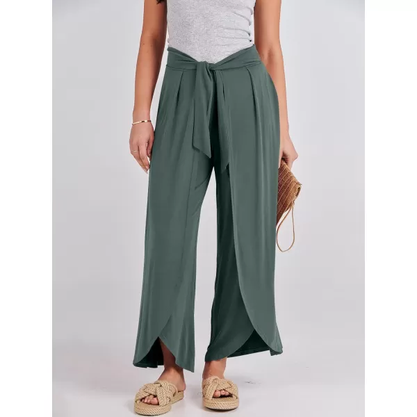 imageANRABESS Women Summer Wide Leg Pants Tie Front Loose Flowy High Waisted Casual Slit Boho Lounge Palazzo Pants TrousersDeep Green