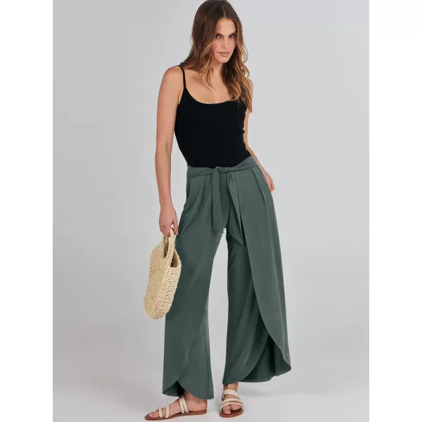 imageANRABESS Women Summer Wide Leg Pants Tie Front Loose Flowy High Waisted Casual Slit Boho Lounge Palazzo Pants TrousersDeep Green