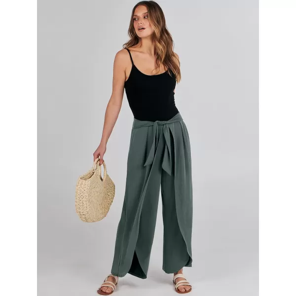 imageANRABESS Women Summer Wide Leg Pants Tie Front Loose Flowy High Waisted Casual Slit Boho Lounge Palazzo Pants TrousersDeep Green