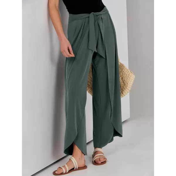 imageANRABESS Women Summer Wide Leg Pants Tie Front Loose Flowy High Waisted Casual Slit Boho Lounge Palazzo Pants TrousersDeep Green