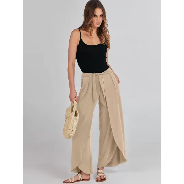 imageANRABESS Women Summer Wide Leg Pants Tie Front Loose Flowy High Waisted Casual Slit Boho Lounge Palazzo Pants TrousersKhaki