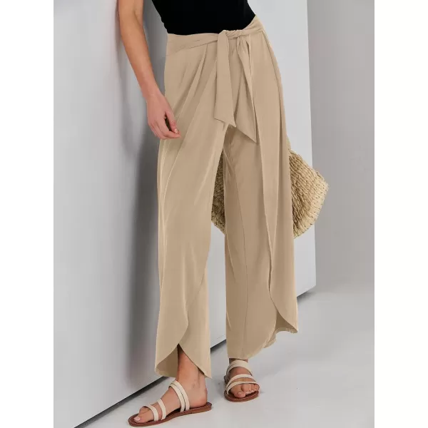 imageANRABESS Women Summer Wide Leg Pants Tie Front Loose Flowy High Waisted Casual Slit Boho Lounge Palazzo Pants TrousersKhaki