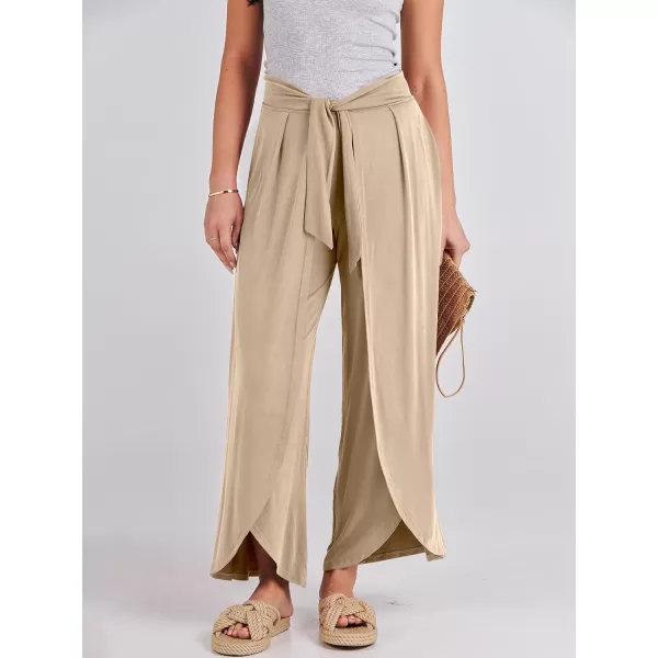 imageANRABESS Women Summer Wide Leg Pants Tie Front Loose Flowy High Waisted Casual Slit Boho Lounge Palazzo Pants TrousersKhaki
