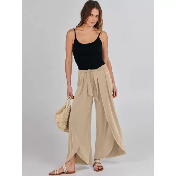 imageANRABESS Women Summer Wide Leg Pants Tie Front Loose Flowy High Waisted Casual Slit Boho Lounge Palazzo Pants TrousersKhaki