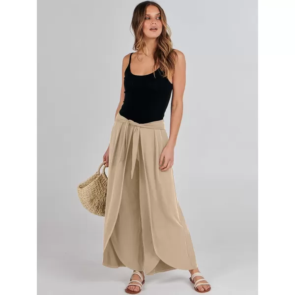 imageANRABESS Women Summer Wide Leg Pants Tie Front Loose Flowy High Waisted Casual Slit Boho Lounge Palazzo Pants TrousersKhaki