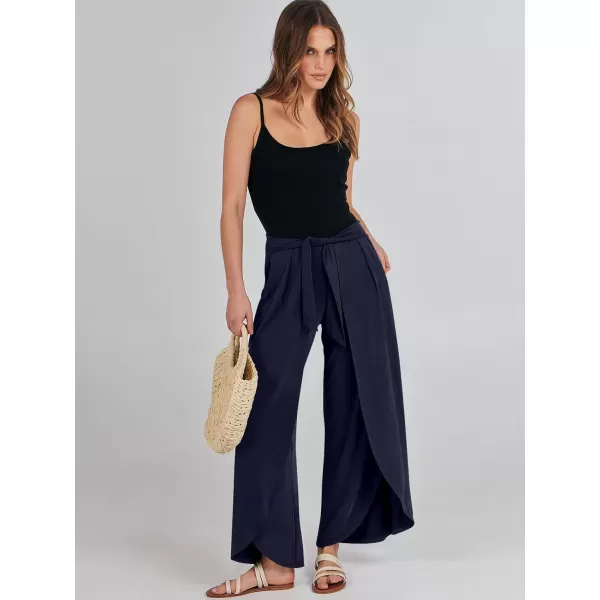 imageANRABESS Women Summer Wide Leg Pants Tie Front Loose Flowy High Waisted Casual Slit Boho Lounge Palazzo Pants TrousersNavy Blue