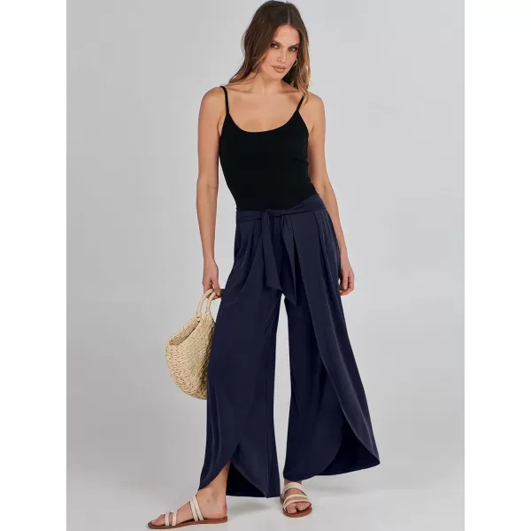 imageANRABESS Women Summer Wide Leg Pants Tie Front Loose Flowy High Waisted Casual Slit Boho Lounge Palazzo Pants TrousersNavy Blue