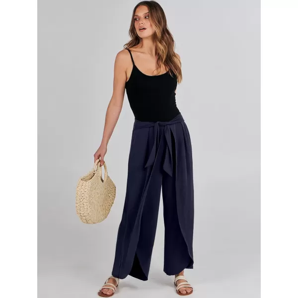 imageANRABESS Women Summer Wide Leg Pants Tie Front Loose Flowy High Waisted Casual Slit Boho Lounge Palazzo Pants TrousersNavy Blue