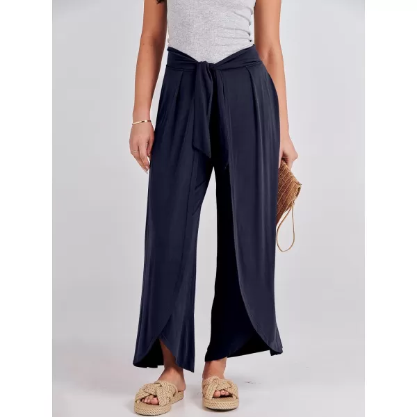 imageANRABESS Women Summer Wide Leg Pants Tie Front Loose Flowy High Waisted Casual Slit Boho Lounge Palazzo Pants TrousersNavy Blue