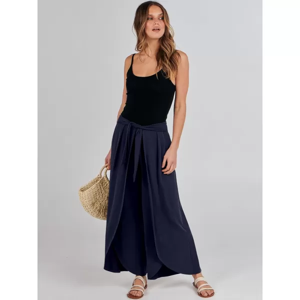 imageANRABESS Women Summer Wide Leg Pants Tie Front Loose Flowy High Waisted Casual Slit Boho Lounge Palazzo Pants TrousersNavy Blue