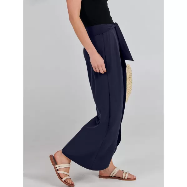 imageANRABESS Women Summer Wide Leg Pants Tie Front Loose Flowy High Waisted Casual Slit Boho Lounge Palazzo Pants TrousersNavy Blue